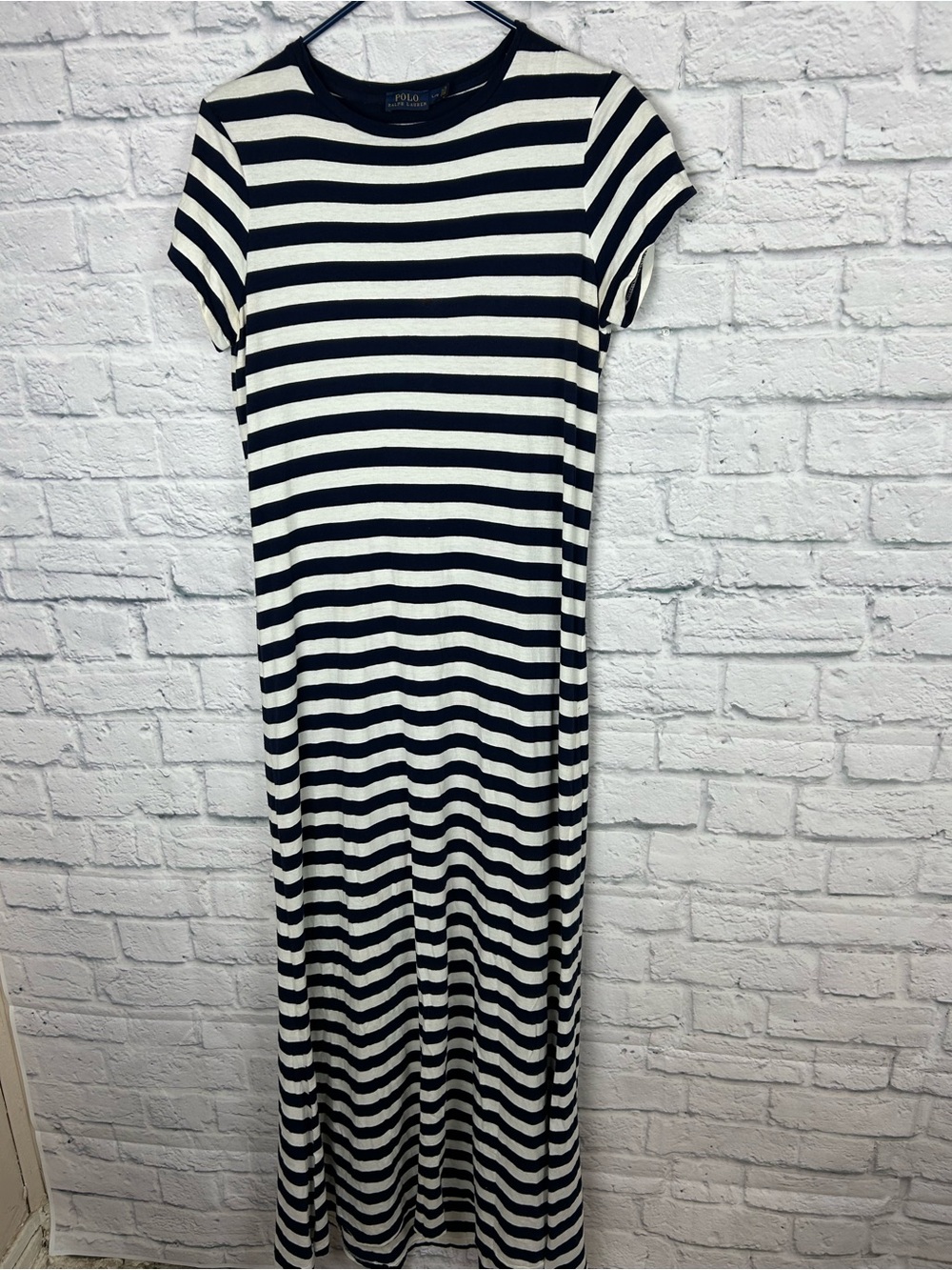 Polo Ralph Lauren Women’s L Navy Cream Striped Cotton Maxi Dress Pony Logo